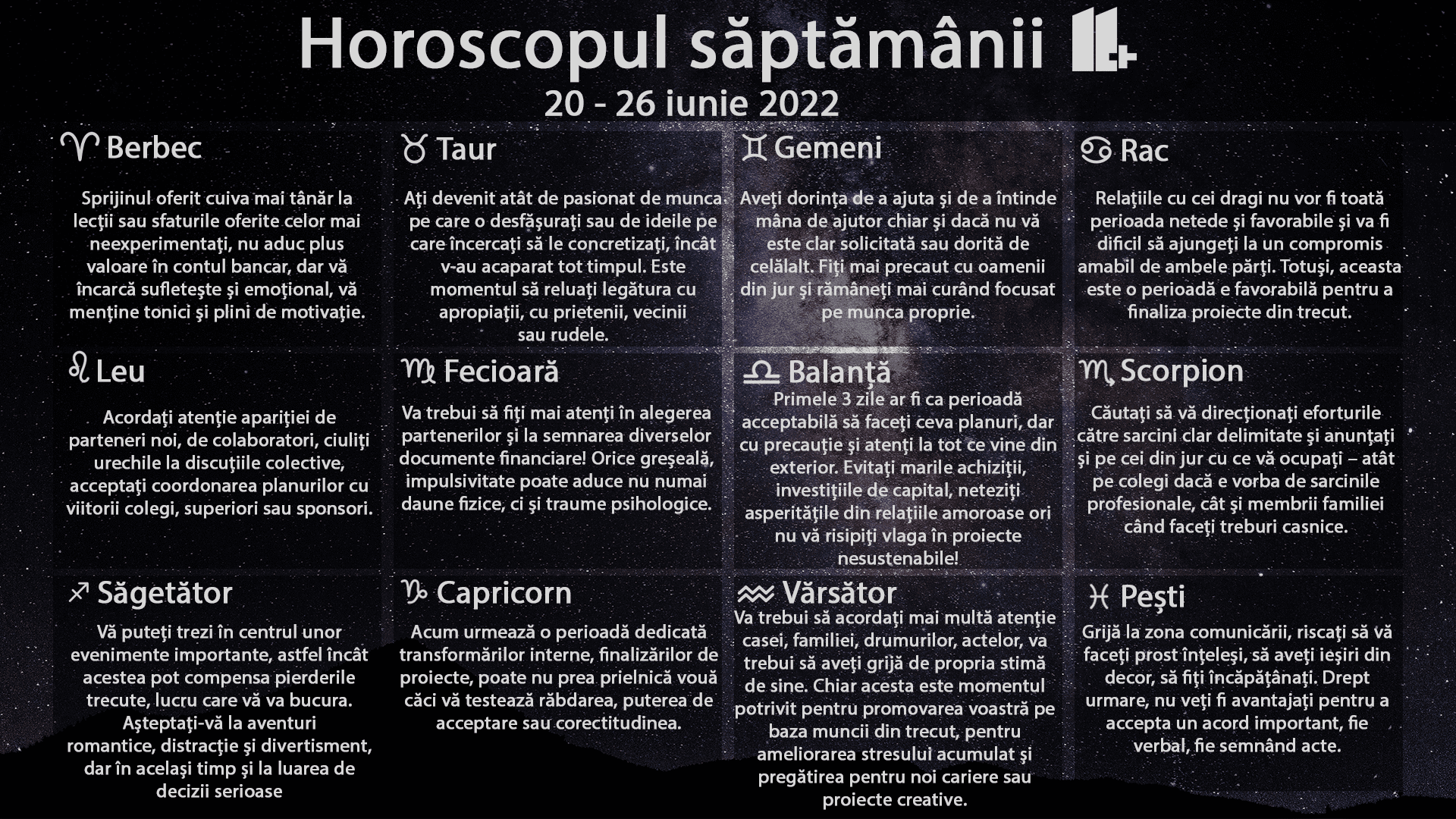 Horoscopul săptămânii 11 plus, 20-26 iunie 2022