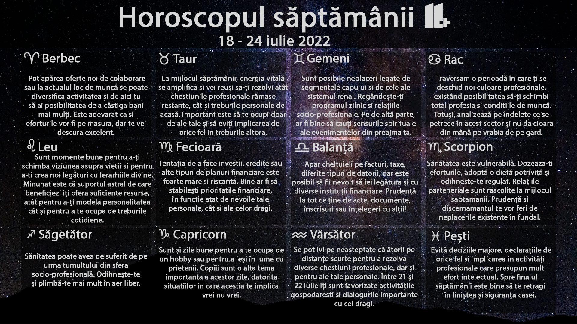 Horoscopul săptămânii 11 plus, 18-24 iulie 2022