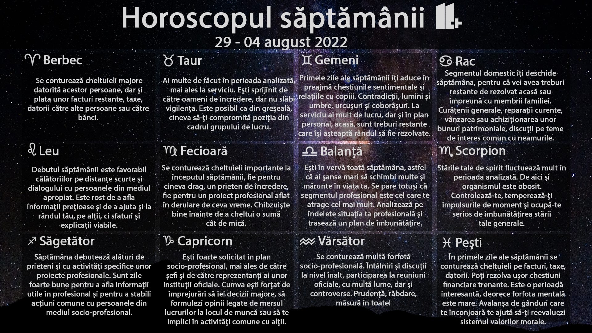 Horoscopul săptămânii 11 plus, 29 – 04 august 2022