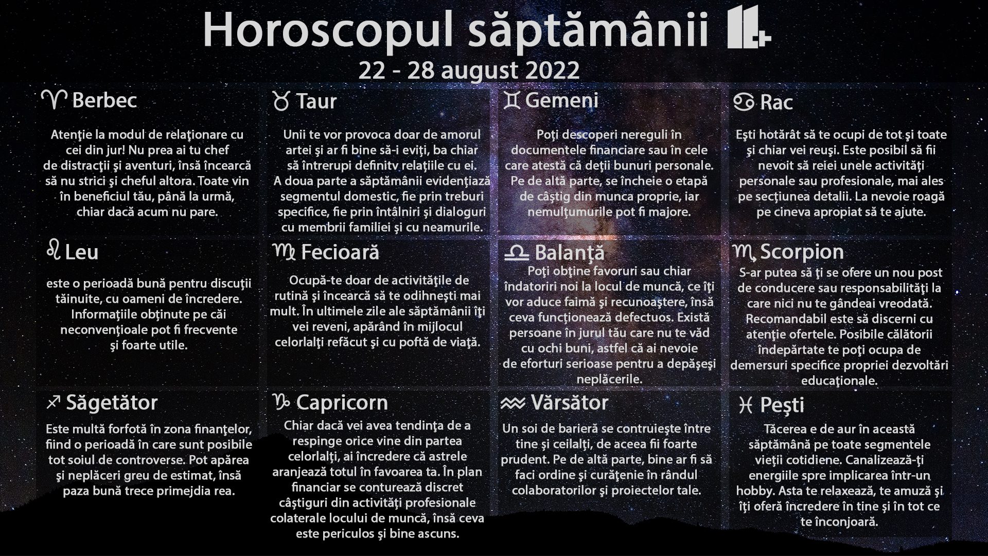 Horoscopul săptămânii 11 plus, 22-28 august 2022