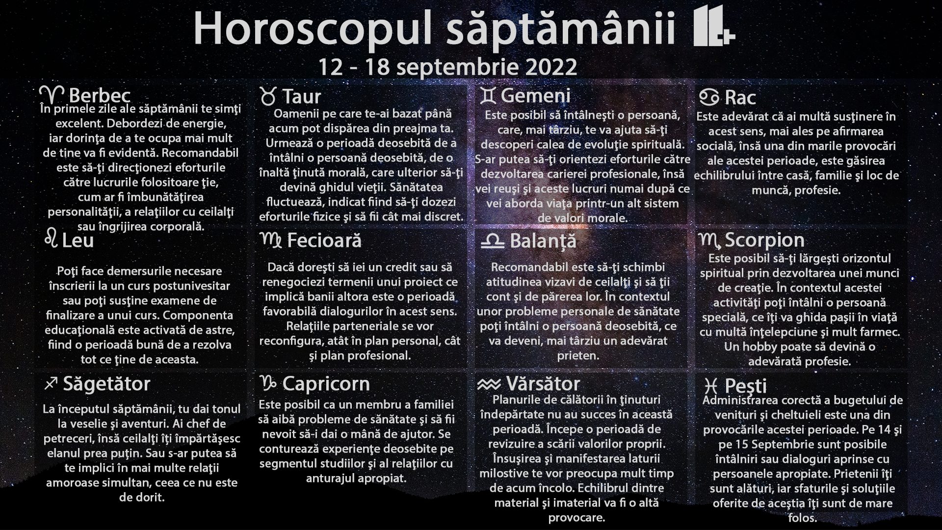 Horoscopul săptămânii 11 plus, 12-18 septembrie 2022