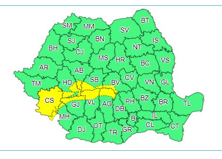 Meteo: Avertizare de cod galben pentru județul Mehedinți