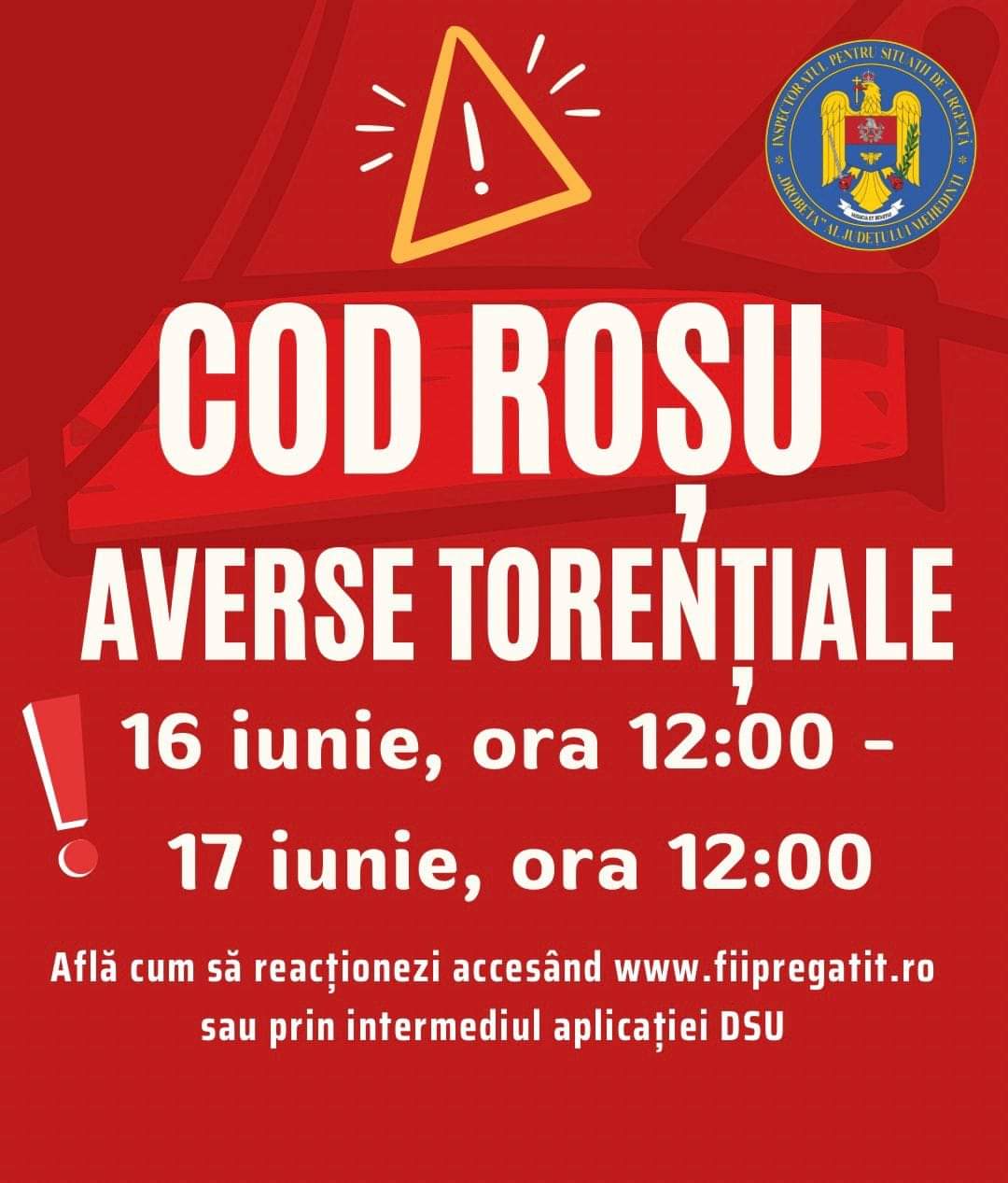 Județul Mehedinți sub Cod Roșu de averse torențiale